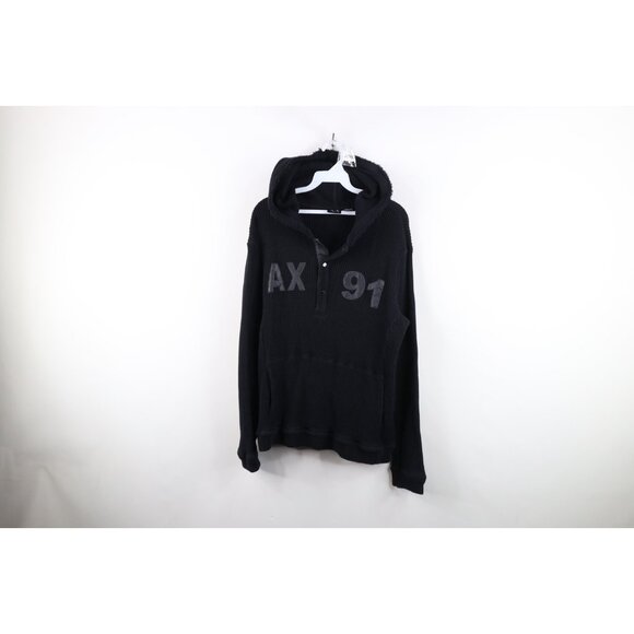 Armani Exchange Mens Large Spell Out Leather Trim Thermal Waffle Knit Hoodie - Picture 1 of 13